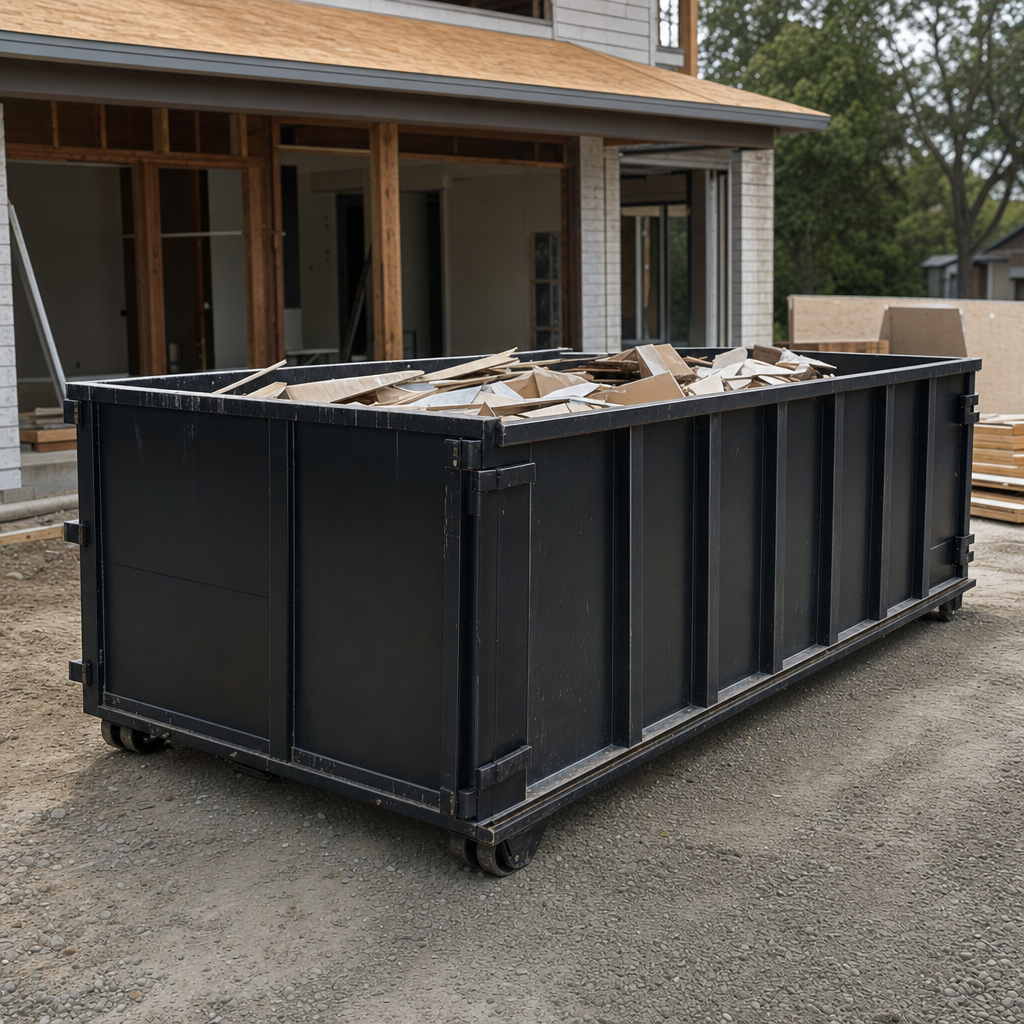 Large matte-black 30-yard construction roll-off dumpster at an active Grand Forks jobsite, steel-gray top rails and bottom rollers visible, loaded with construction debris.