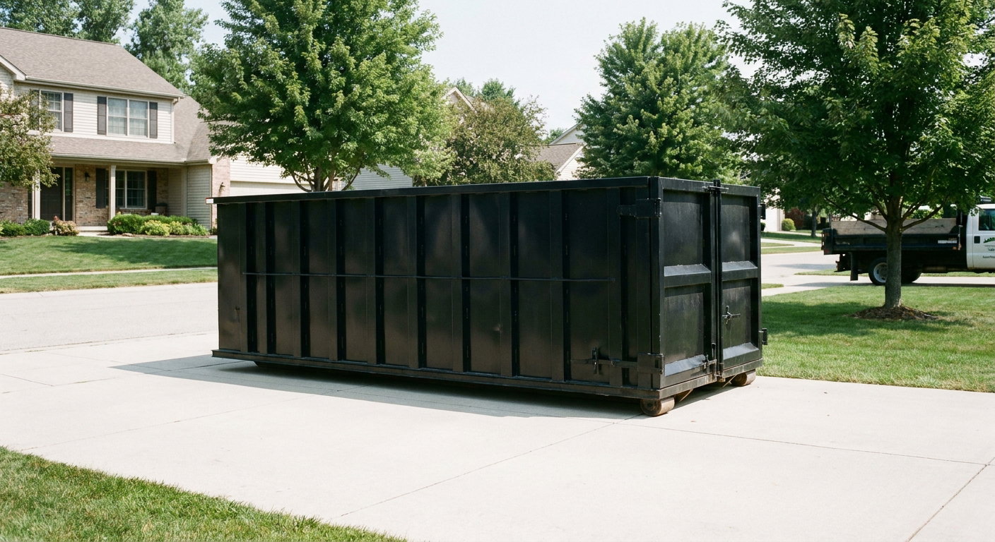 Matte-black 20-yard roll-off dumpster sitting level on a clean Grand Forks residential concrete driveway under bright daylight, demonstrating clean placement directly on the concrete.