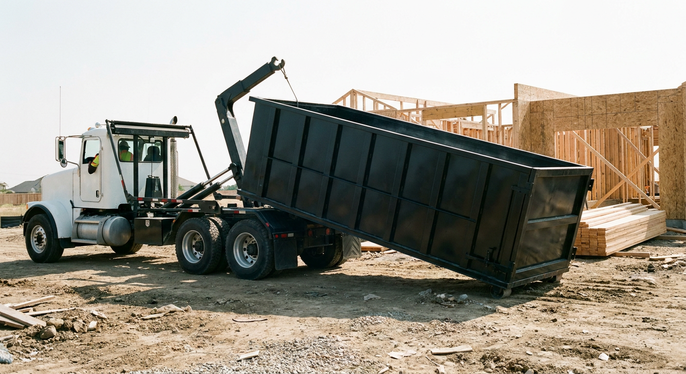 Matte-black roll-off dumpster being delivered onto a clean residential concrete driveway in Grand Forks by an unmarked white hooklift hauler truck, bright morning daylight, documentary 35mm perspective.
